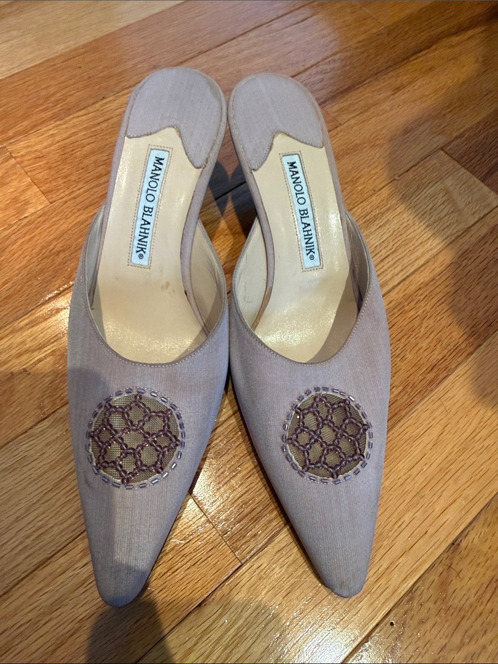 Manolo Blahnik Taupe Embroidered Pointed-Toe Mules